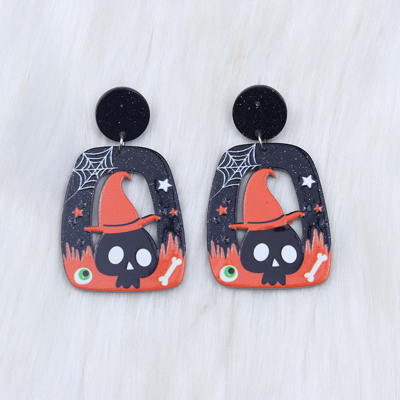 Square Round Acrylic Cartoon Ghost Pumpkin Cat Hollow Earrings