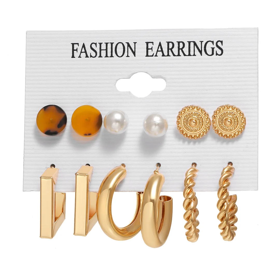 Exaggerated Geometric Pearl and Diamond Earrings Set