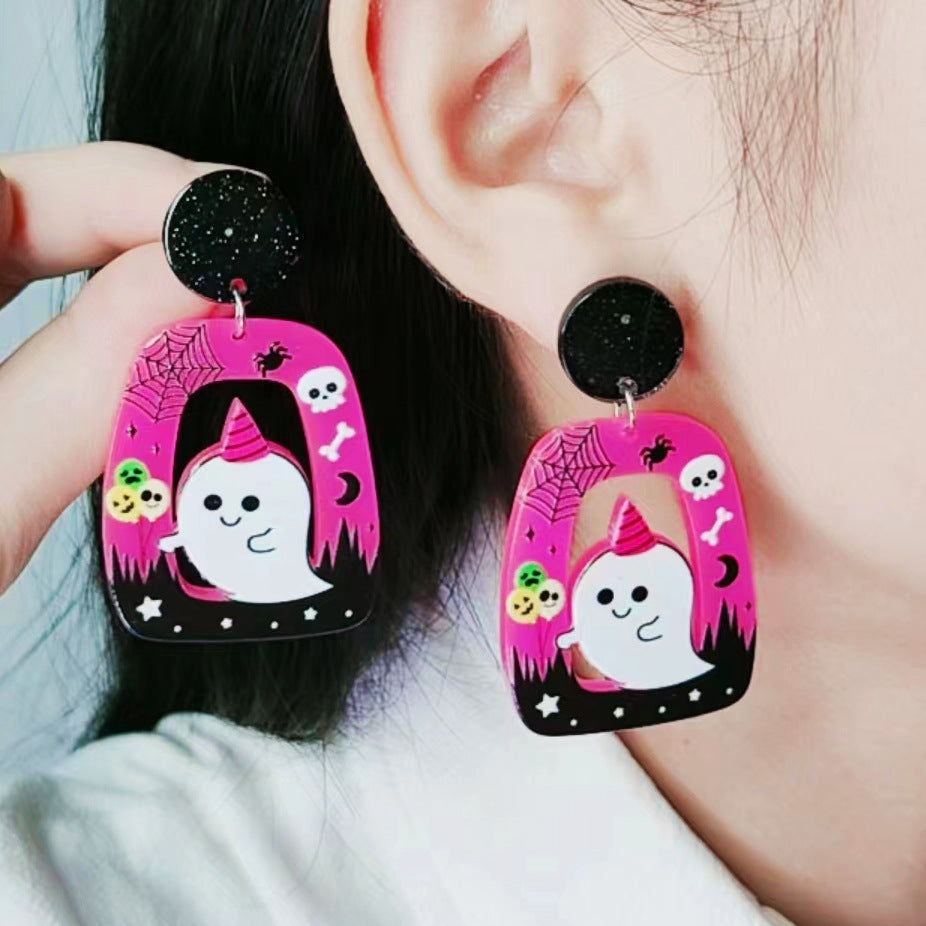 Square Round Acrylic Cartoon Ghost Pumpkin Cat Hollow Earrings