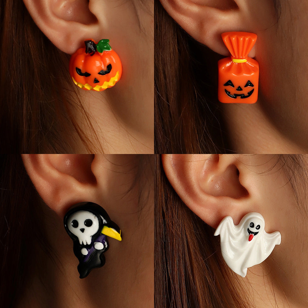 Plastic Grimace Pumpkin Grim Reaper Halloween Earrings